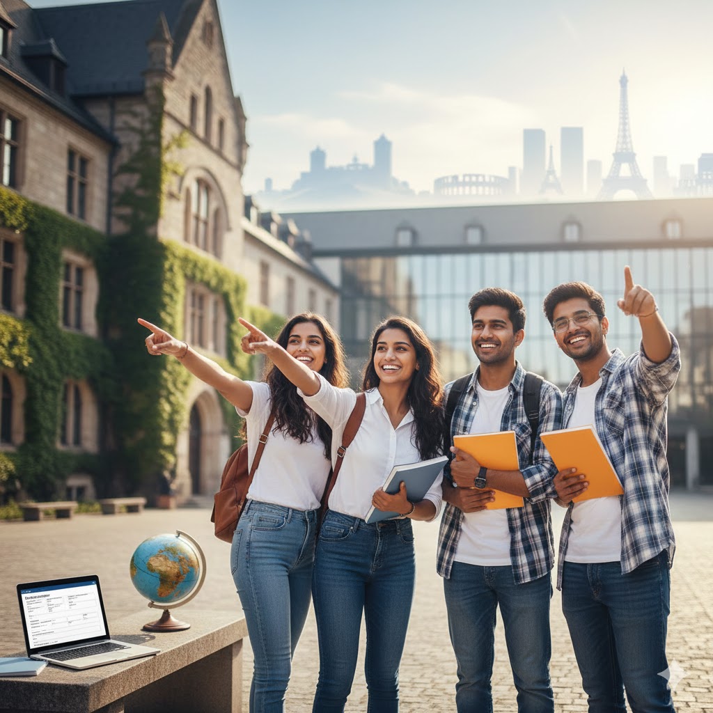 Diverse group of successful students walking on a modern European university campus